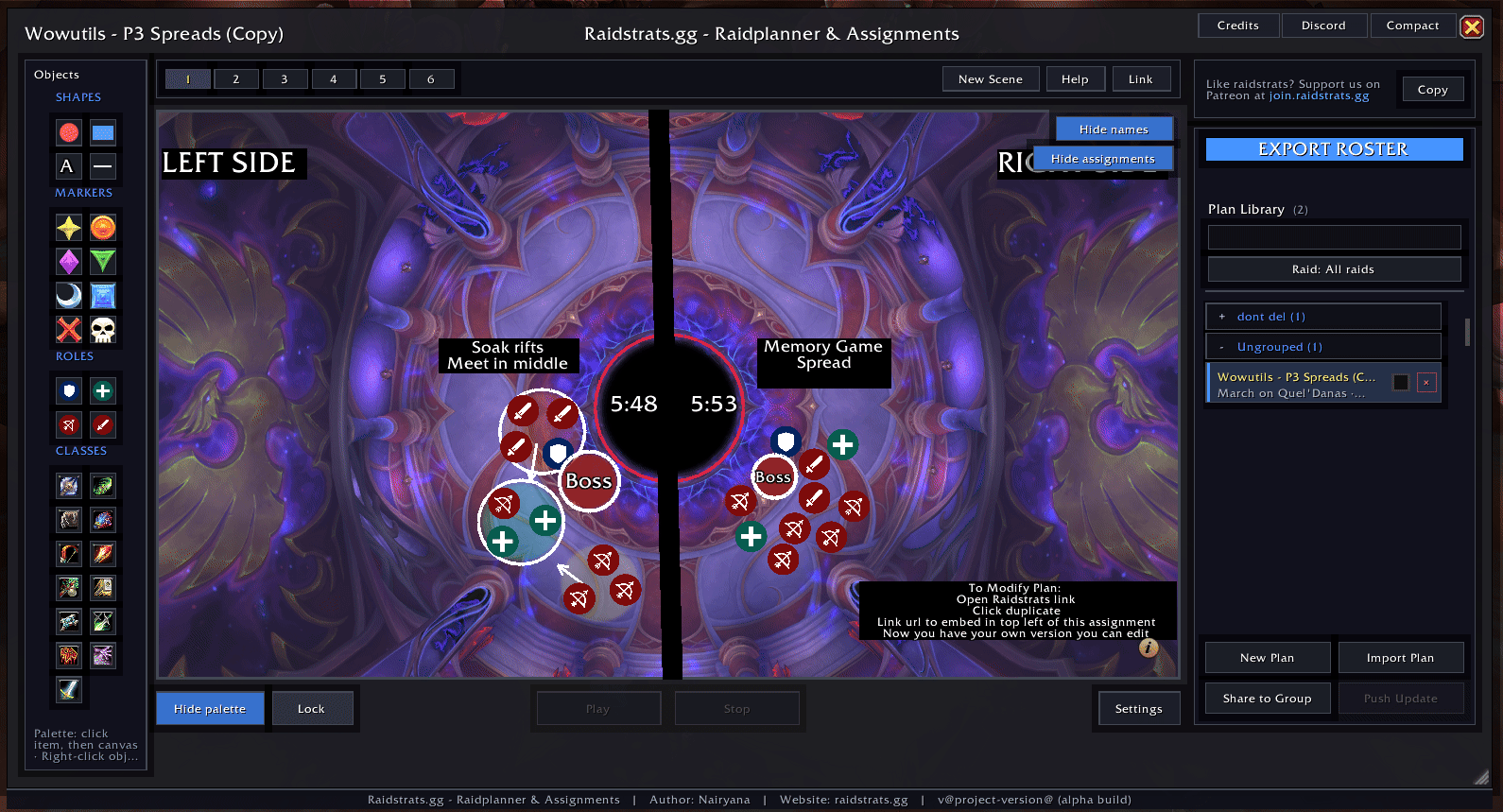 Raidstrats.gg in-game planner with a full raid plan open in WoW