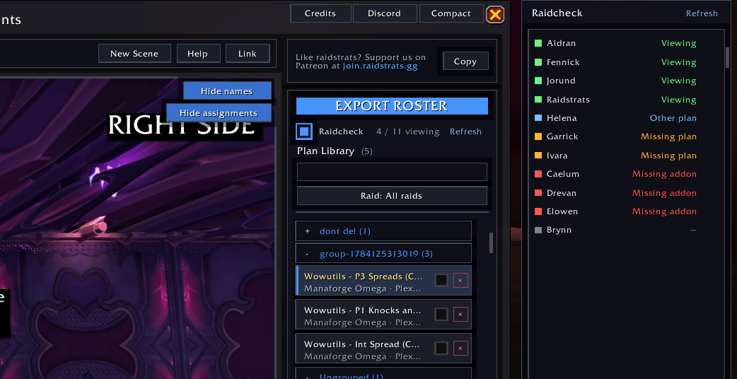 Raidcheck panel showing who is viewing the plan, on another plan, or missing the addon